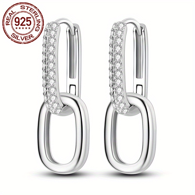 925 Silver Hoop Earrings 2.2g U-Shaped Double Loop Zirconia